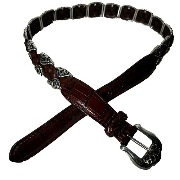 Vintage 1996 Brighton Brown Embossed Leather Belt Sz S Silver Metal Edges Buckle - Picture 1 of 15
